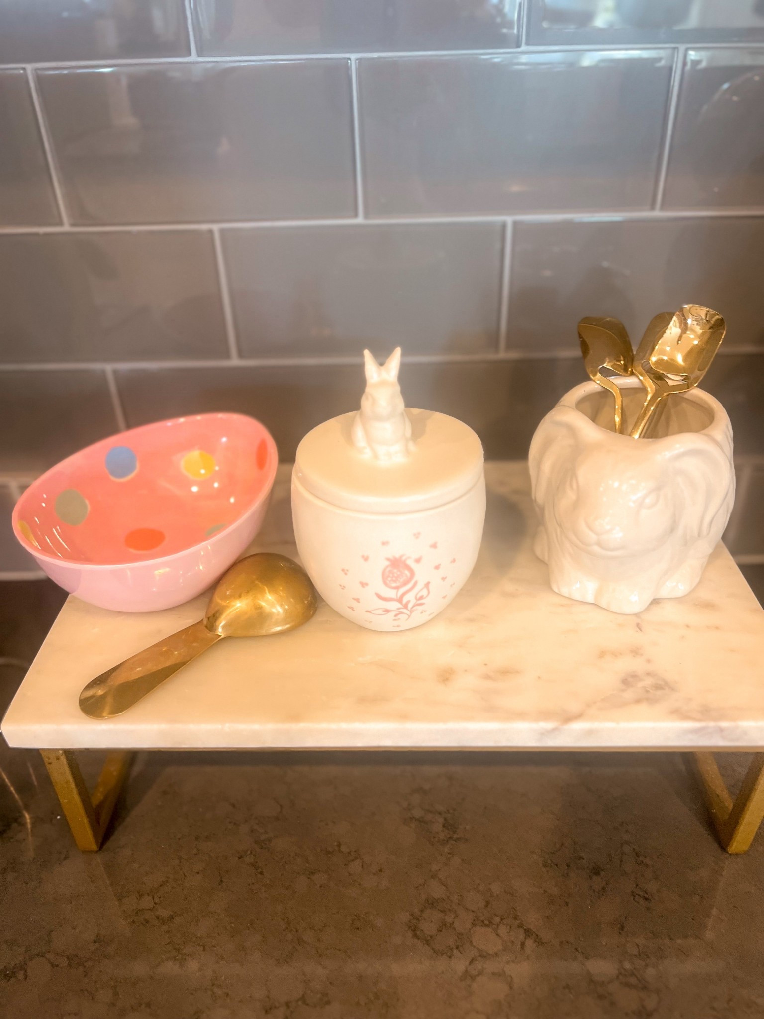 Easter bunny sugar dish
Marble and gold tray 
Bunny mug
Easter egg bowl
