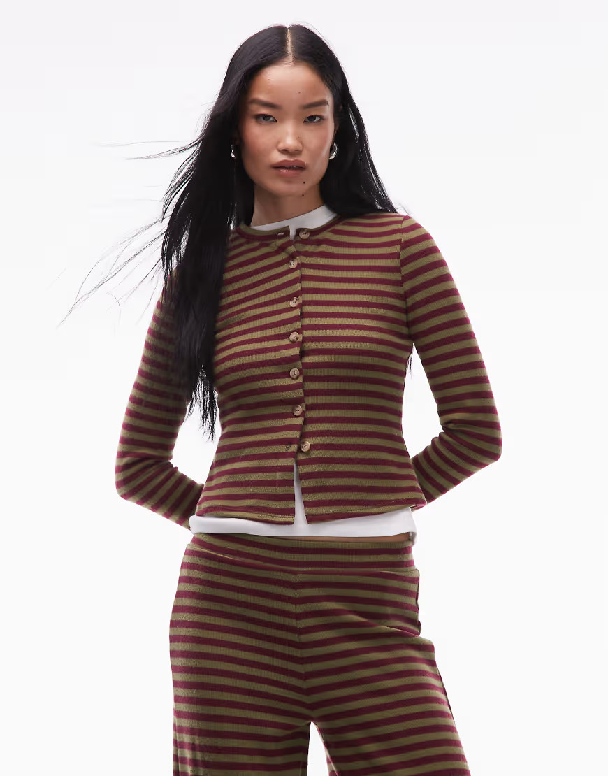 ASOS DESIGN supersoft button up long sleeve top in burgundy stripes - part of a set-Multi | ASOS (Global)