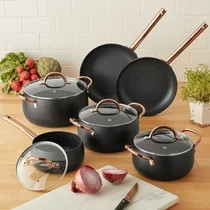 Mainstays 10-Piece Nonstick Cookware Set, Matte Black Rose Gold Handles | Walmart (US)