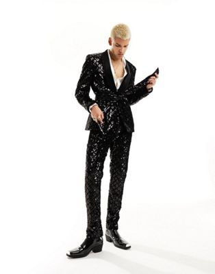 ASOS DESIGN skinny suit jacket in sequin diamond velvet in black | ASOS (Global)