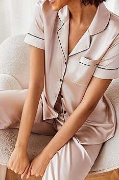 Ekouaer Silk Satin Pajamas Set Women Short Sleeve Sleepwear Soft Button Down Loungewear Pjs Set | Amazon (US)