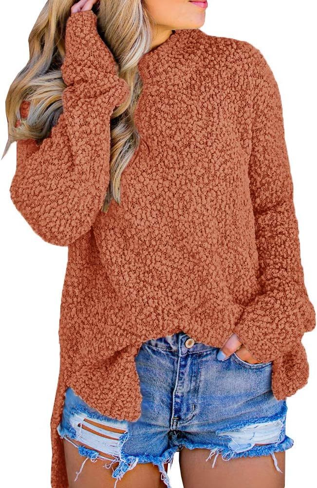 Imily Bela Womens Fuzzy Knitted Sweater Sherpa Fleece Side Slit Full Sleeve Jumper Outwears | Amazon (US)