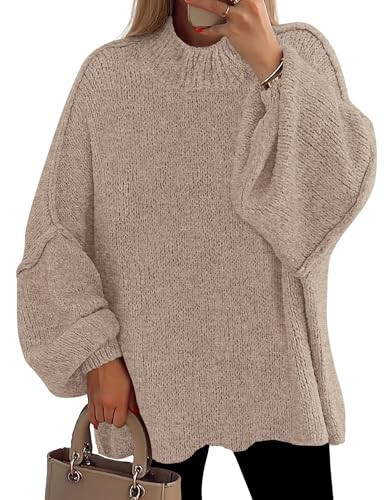 PRETTYGARDEN Women's 2025 Fall Oversized Sweaters Chunky Knit Mock Neck Long Sleeve Casual Trendy Pullover Winter Clothes (Camel,X-Large) | Amazon (US)
