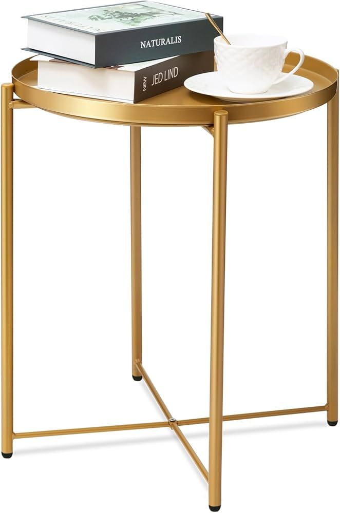 danpinera Gold Side Table, Gold End Table for Small Spaces Outdoor Accent Table Round Metal Patio... | Amazon (US)