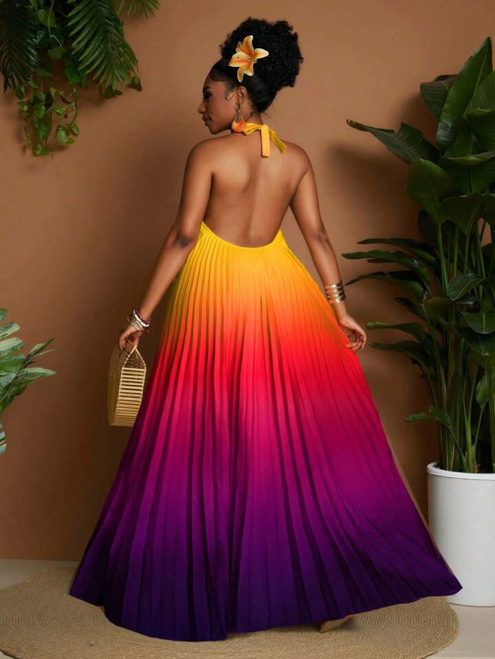 Maweii Plus Size Women Sexy Ombre Print Halter Neck Pleated Decor Versatile Fashion Spring/Summer New Dress | SHEIN