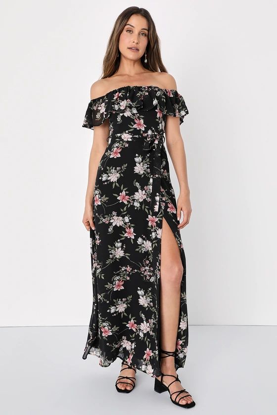 Amazing Moment Black Floral Print Off-the-Shoulder Dress | Lulus (US)