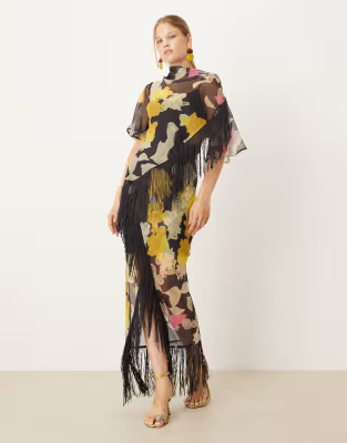 ASOS DESIGN chiffon fringe detail maxi dress in dark based print | ASOS (Global)