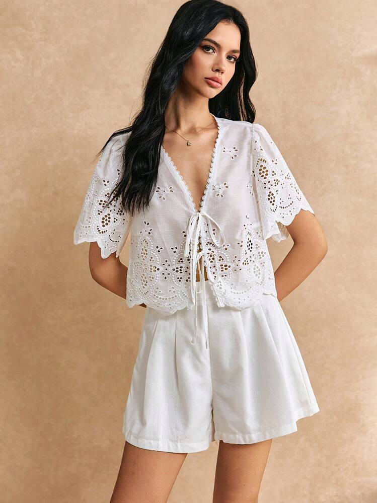 Poéselle Summer White Ruffle Sleeve Embroidery Fabric Lace Up Short Top, Summer Blouse For Women... | SHEIN