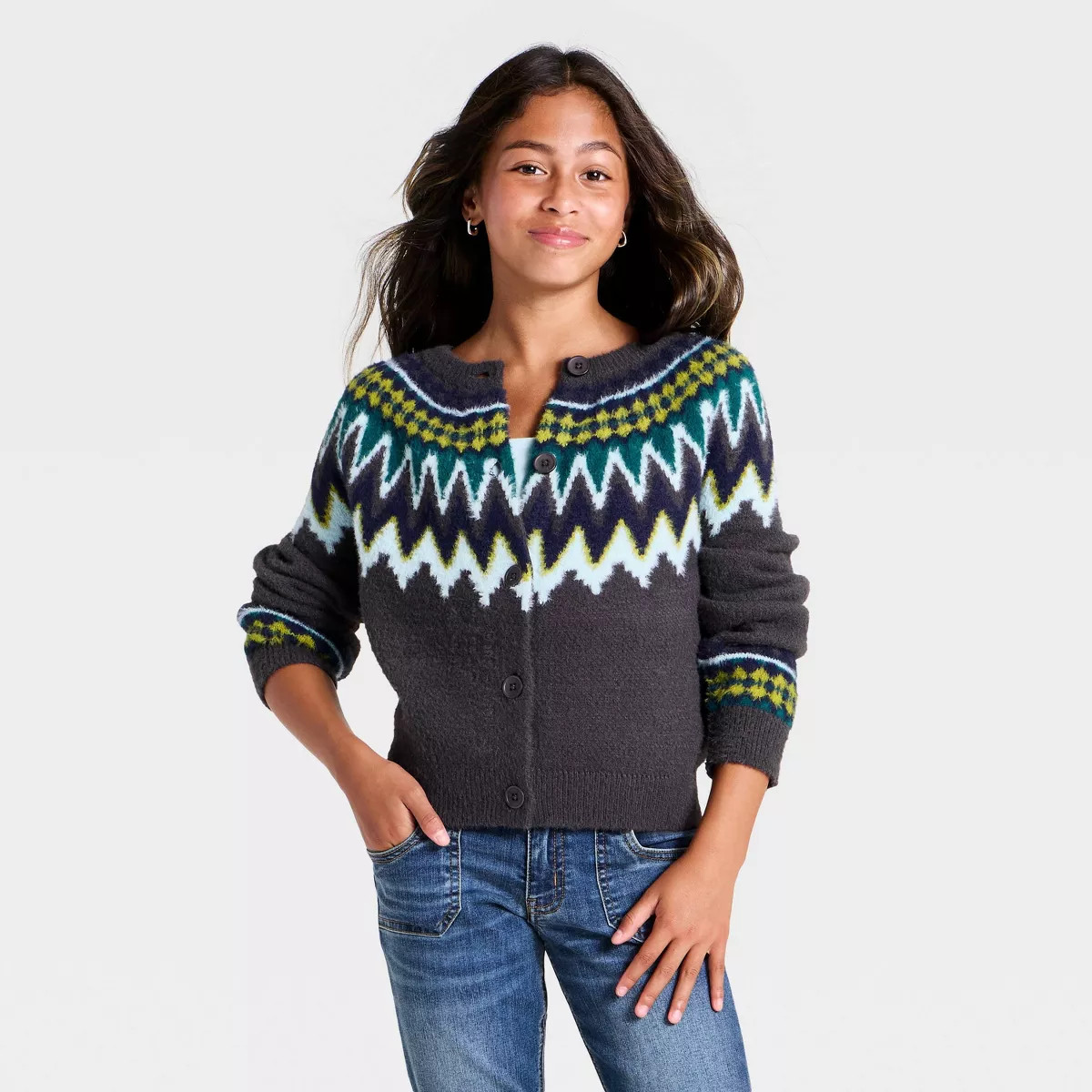 Girls' Fair Isle Cardigan Sweater - art class\u2122 Dark Gray/Green XL | Target