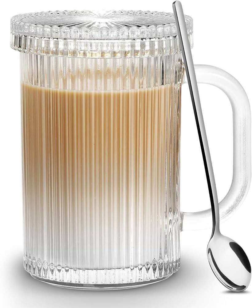 Qipecedm Clear Glass Coffee Mug with Lid, 13 oz Classic Vertical Stripes Coffee Cups, Premium Gla... | Amazon (US)