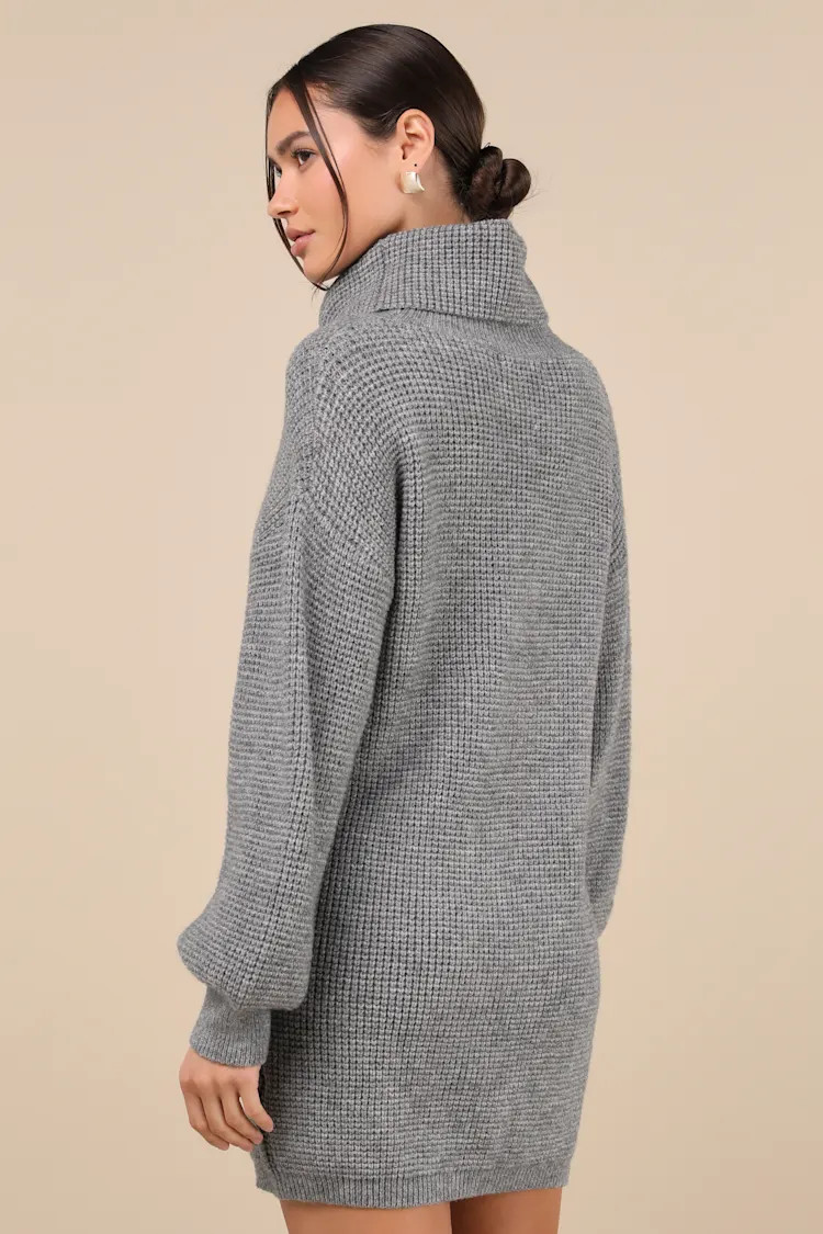 Casual Coziness Grey Waffle Knit Cowl Neck Sweater Dress | Lulus