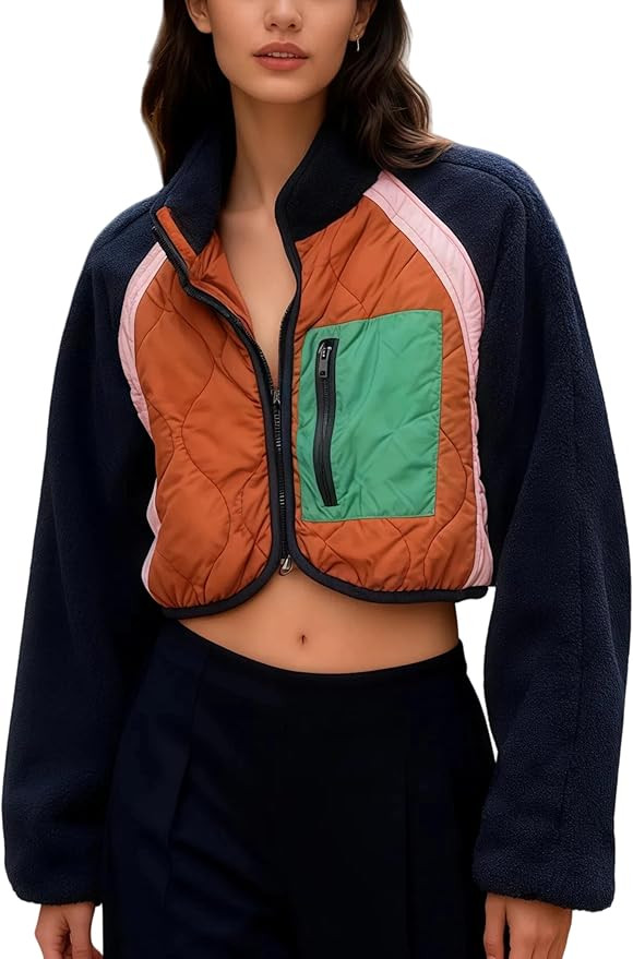 Womens Fuzzy Fleece Jacket Cropped Zip Up Long Sleeve Casual Outwear Warm Winter Patchwork Jacket... | Amazon (US)