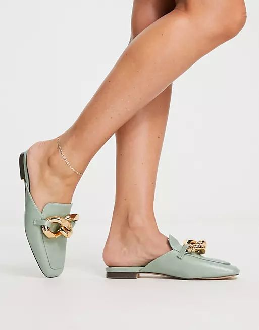 Urban Revivo mule loafers with chain detail in dusty green | ASOS (Global)