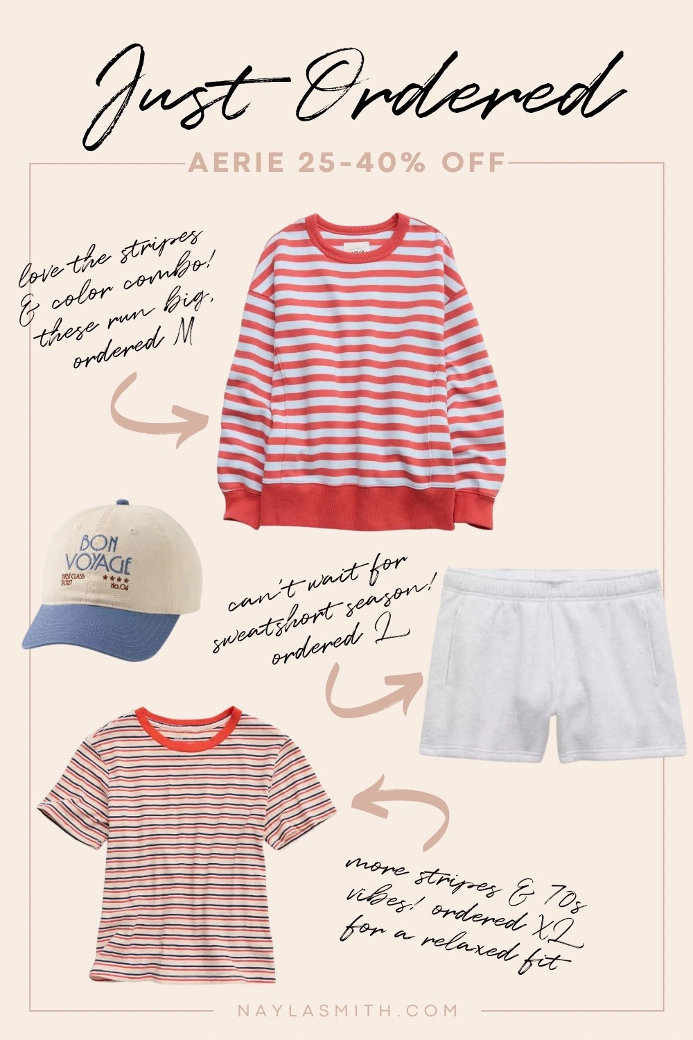 Spring Aerie order! Got the coral and baby blue striped sweatshirt in size M (I have older versions of this and they run big). Got the sweat shorts in my usual size L. Got the striped tee in an XL for a more relaxed fit. Couldn’t resist the baseball cap! I think it will be so versatile and create a sandwich effect with denim bottoms!

#LTKMidsize #LTKSeasonal #LTKSaleAlert