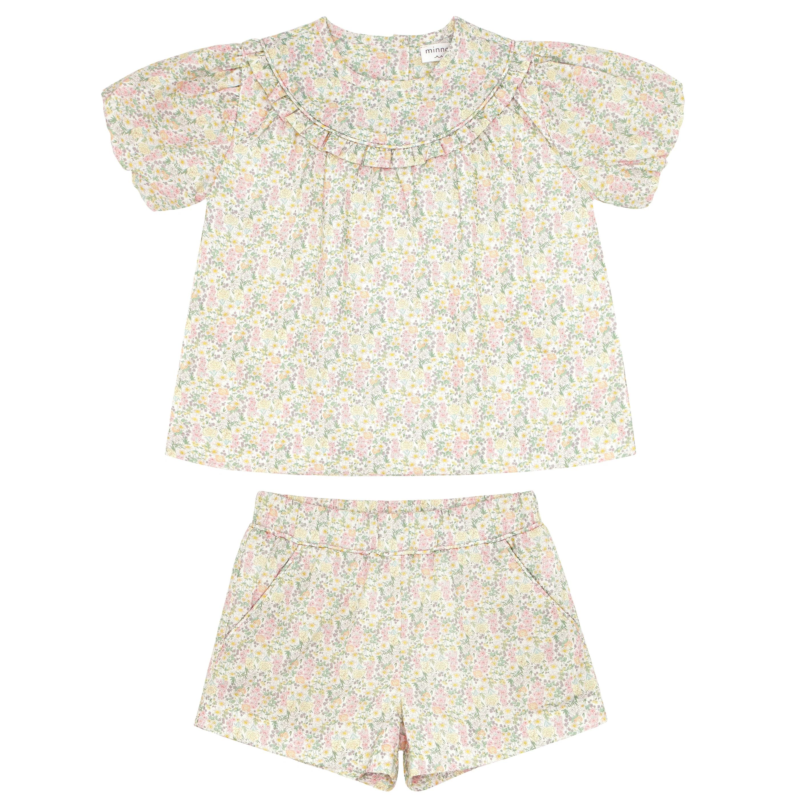 girls wildflower bouquet puff sleeve top and short set | minnow