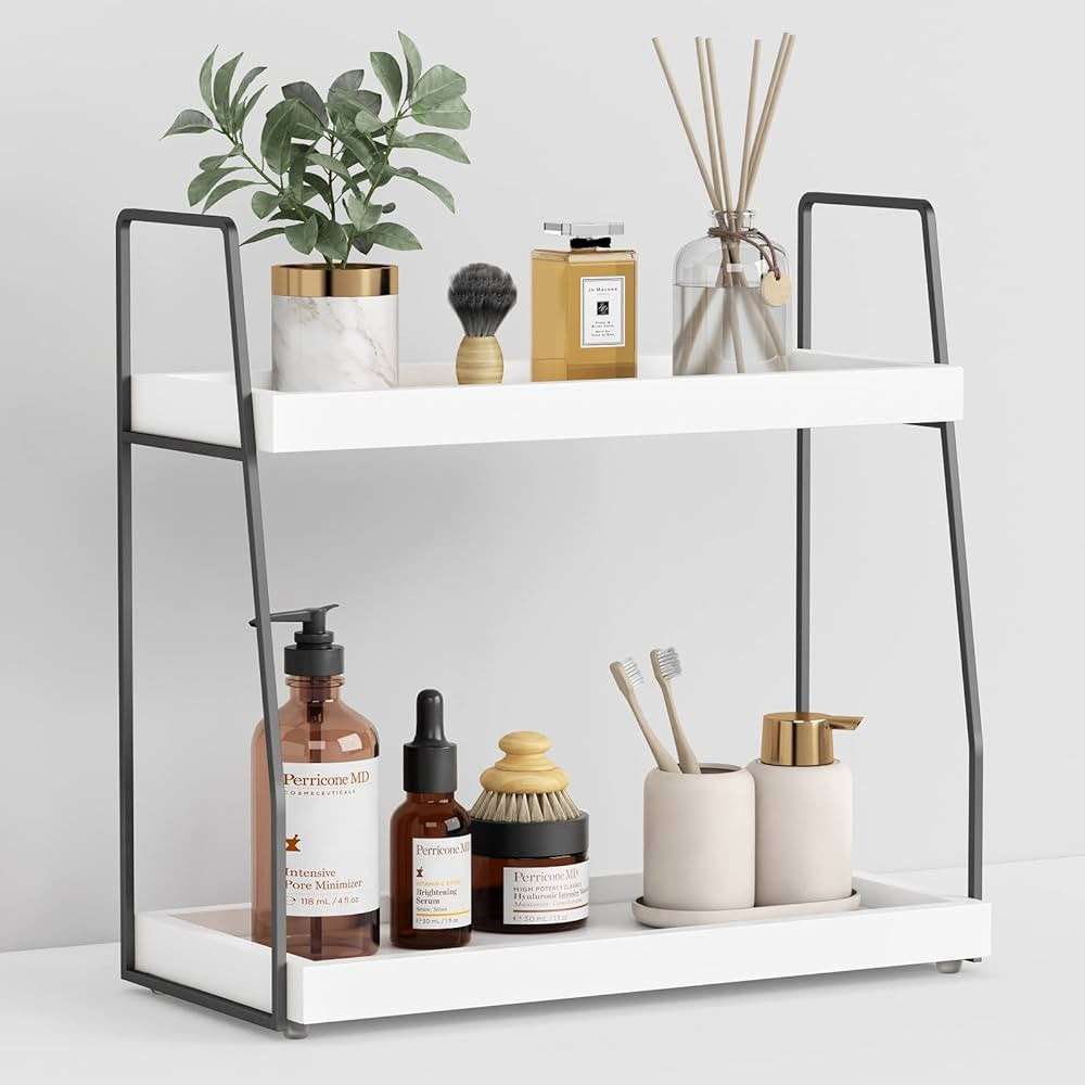 Forbena Organizador de encimera de baño, organizador de baño de 2 niveles sobre el inodoro, organizador de esquina de encimera de madera para accesorios de tocador, bandeja organizadora de fregadero | Amazon (US)
