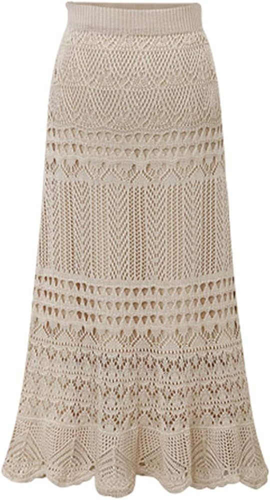 chouyatou Women's Stretched High Waist Crochet Hollow Out Knit Flowy Patterned Lace Maxi Skirt | Amazon (US)