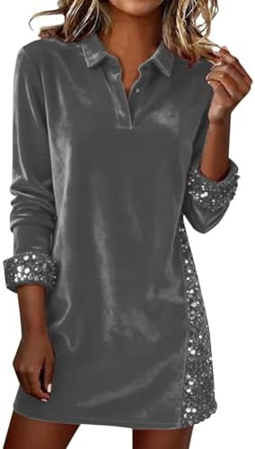 Sequin Dress for Women Long Sleeve Velvet Sparkly Dresses Midi Collared Neck Holiday Party Homeco... | Amazon (US)