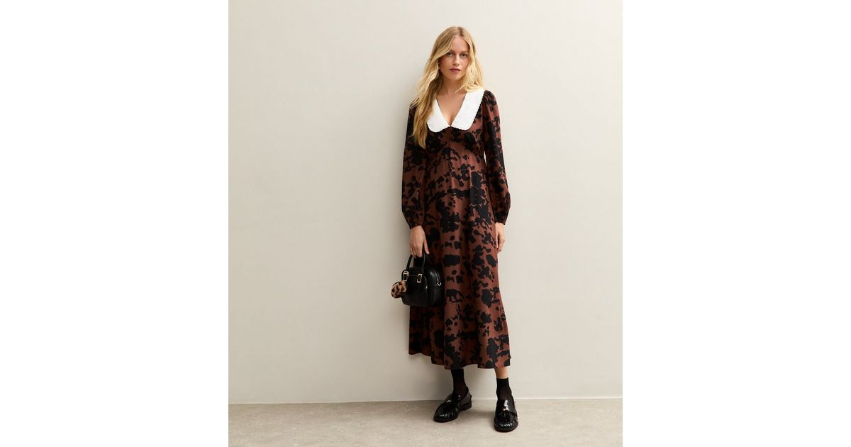 Brown Cow Print Contrast Collar Midi Dress | New Look | New Look (UK)