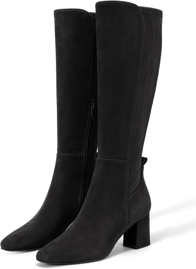 Coutgo Womens Knee High Boots Chunky Heel Side Zipper Suede Dress Boots | Amazon (US)