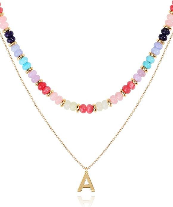 Layered Initial Necklaces for Women, 14K Gold Plated | Colorful Beaded, Letter Pendant Necklace, ... | Amazon (US)
