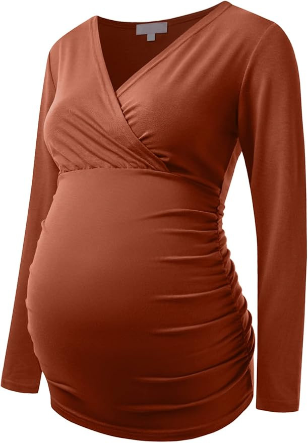 Maternity Shirt Long Sleeve Top Wrap V Neck Blouse Cross Over Nursing Tshirt | Amazon (US)