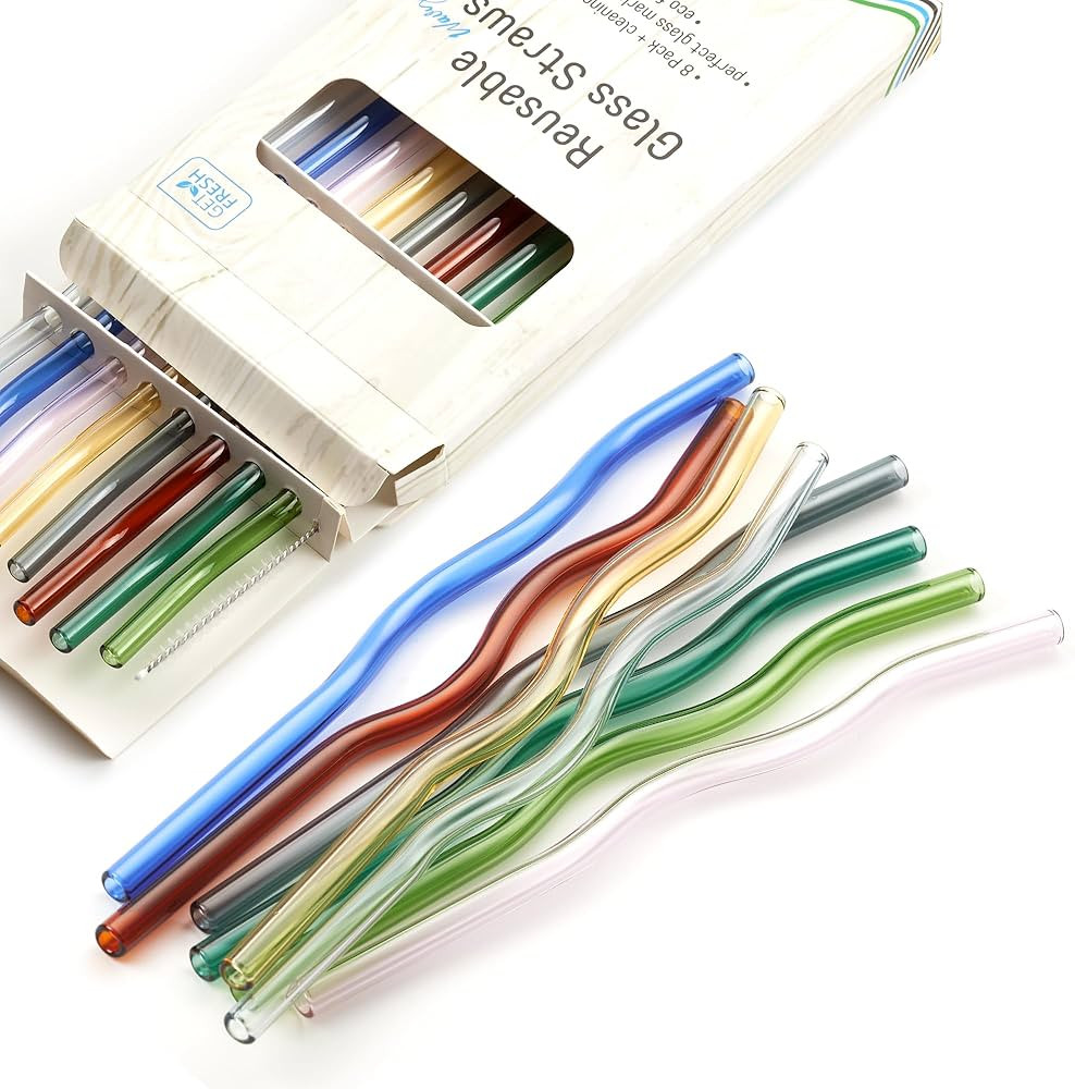 GET FRESH Reusable Wavy Glass Drinking Straws Set – 8-PCS Coloured Glass Reusable Drinking Straws Se | Amazon (US)