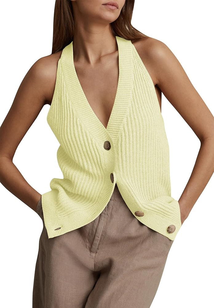 Womens Button-Front Sweater Vest Top V Neck Sleeveless Knit Tank Fitted Halter Raceback Cardigan ... | Amazon (US)