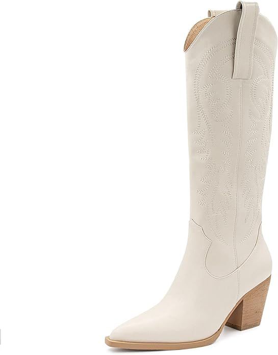 White Cowgirl Boots Cowboy Boots for Women Mid Calf Embroidered Chunky Heel Western Boots Pointed... | Amazon (US)