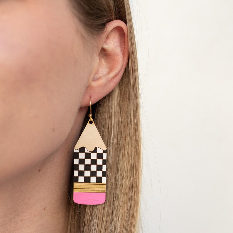 Black and White Checker Pencil Earrings - Etsy | Etsy (US)