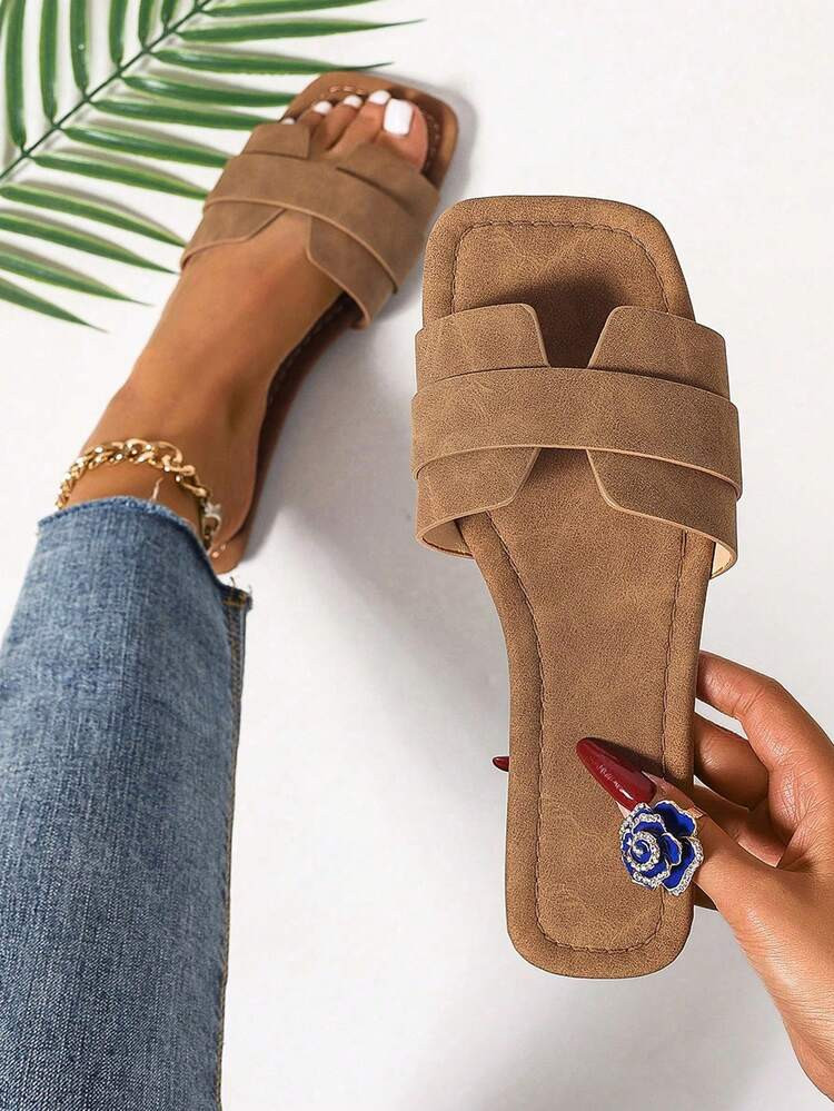 Spring & Summer New Fashion Casual Slip-On Slippers, Women Comfortable Flat Slides Sandals, Outdoor Wear Beach Shoes, Simple Square Toe Decor Low-Heel Versatile | SHEIN