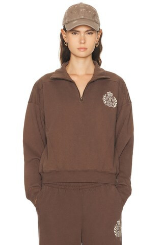 Sporty & Rich NY Crest Embroidered Quarter Zip Sweatshirt in Chocolate | FWRD 