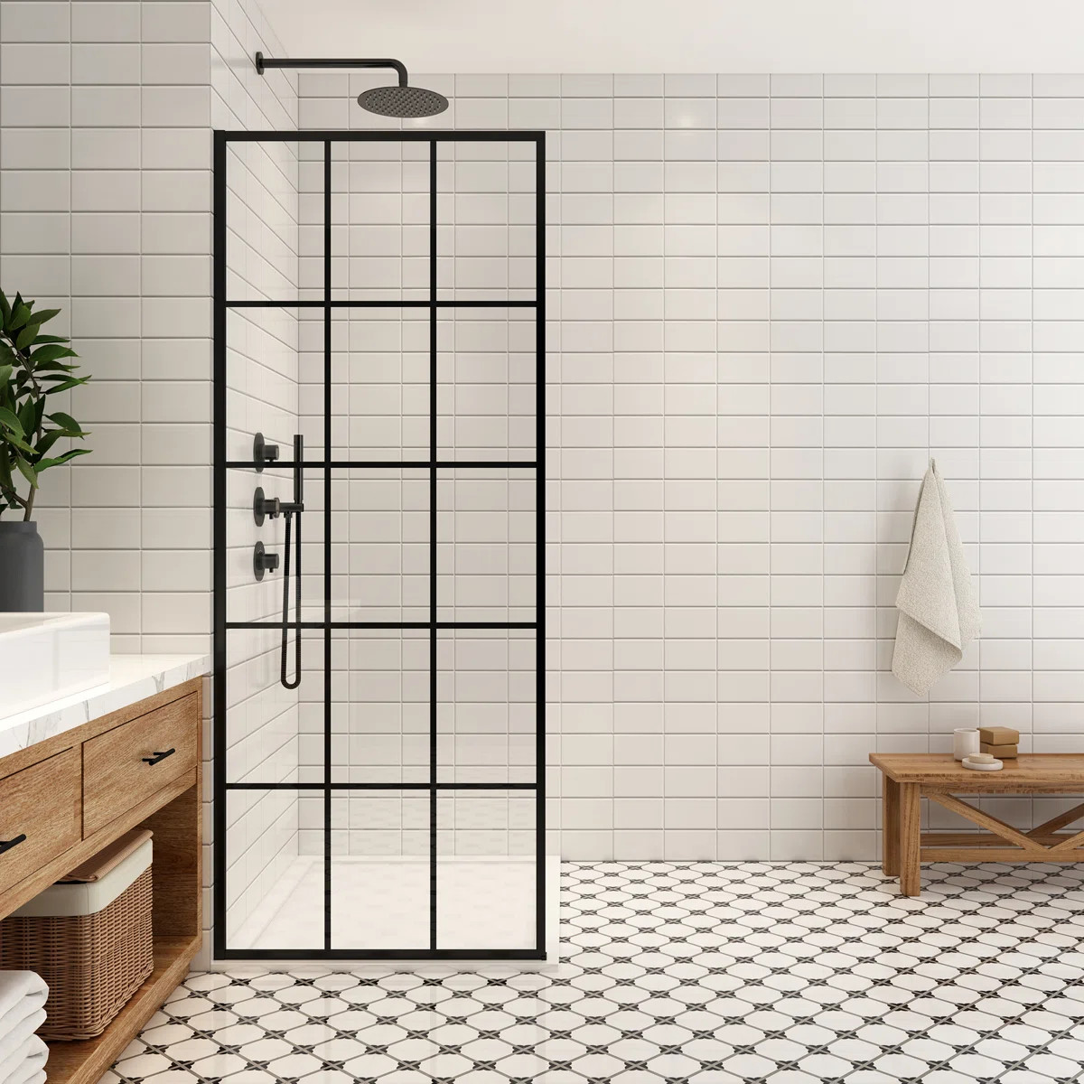 Puente 34" W x 78" H Fixed Single Panel Shower Door in Matte Black with Clear Glass 319034-WR-MB | Wayfair North America