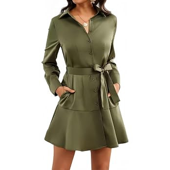Women's Long Sleeve Button Up Midi Belt Shift Collar Dress with Pockets for Work Office Business | Amazon (US)