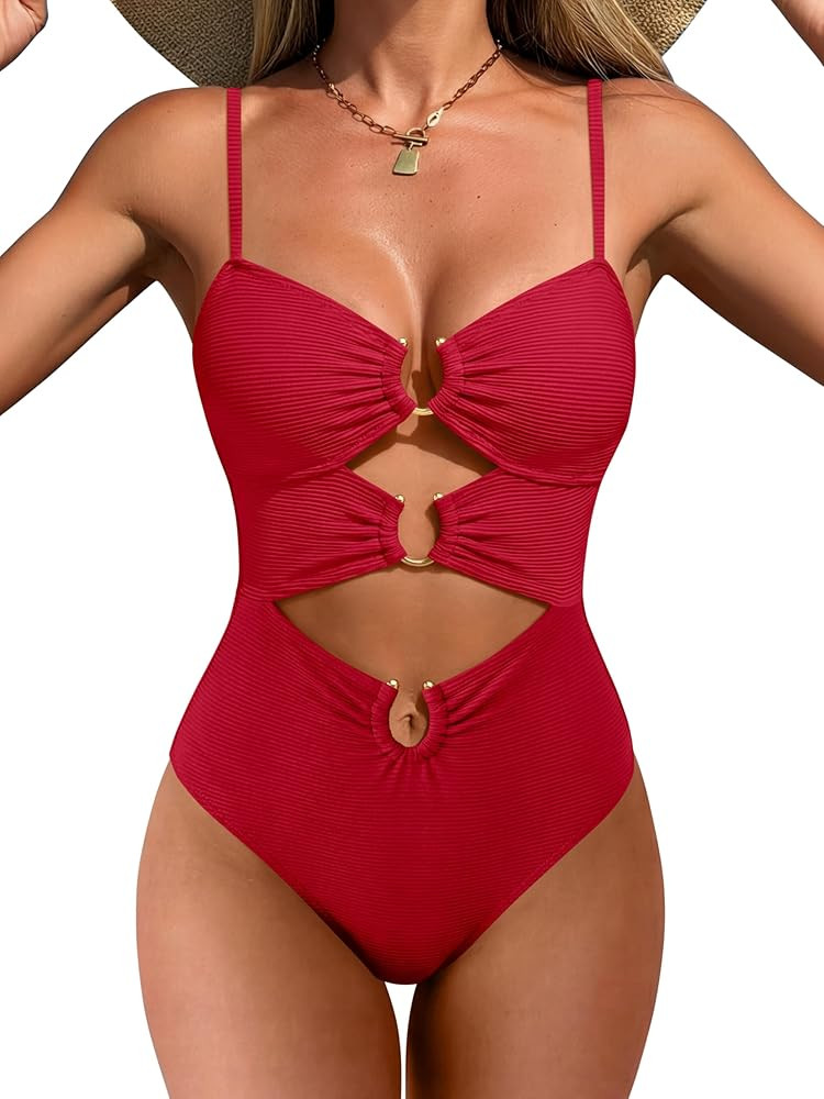 ANRABESS Women One Piece Swimsuits Sexy Cutout Full Coverage Bathing Suit Ring Link Ruched Monoki... | Amazon (US)