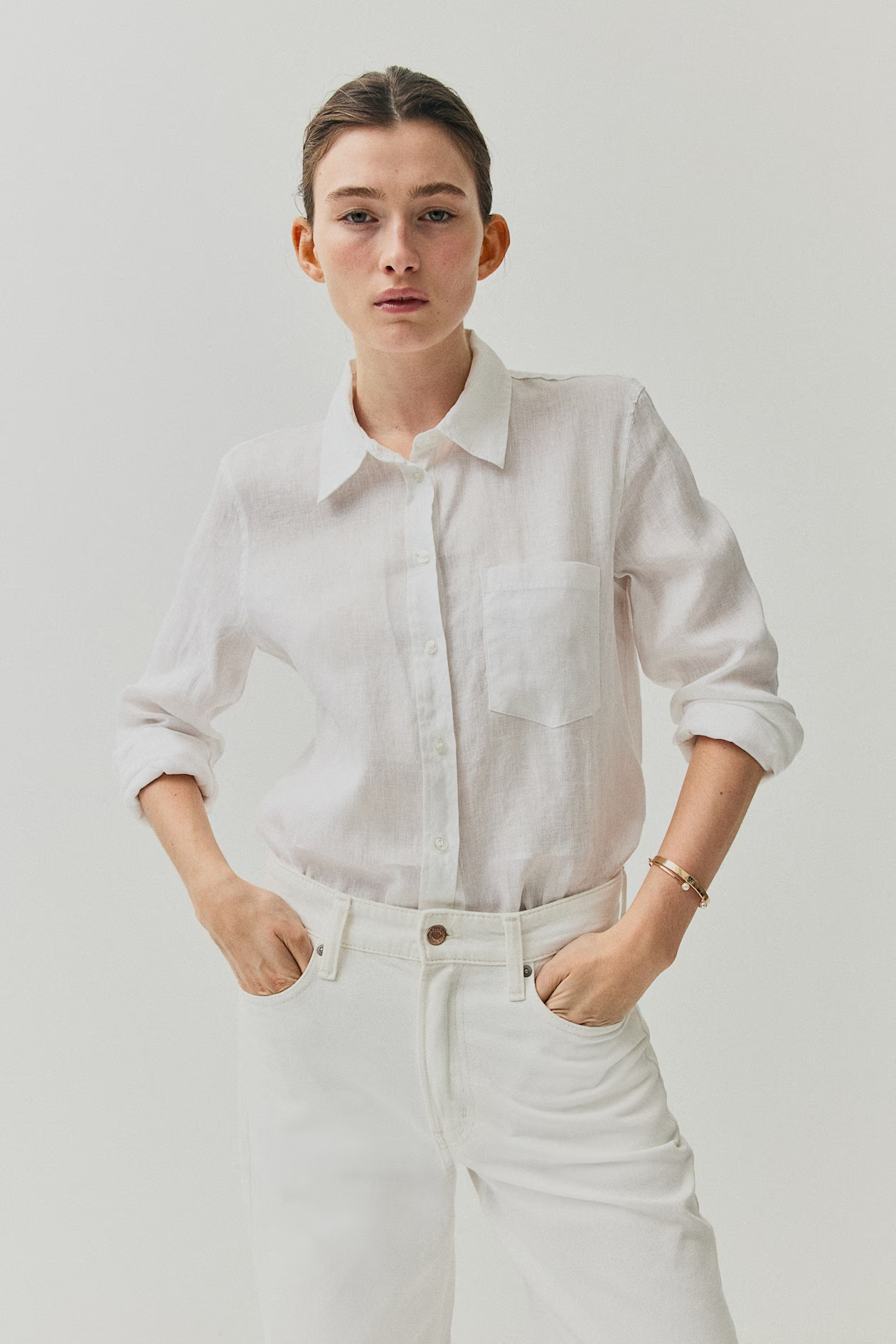 Linen shirt - Long sleeve - Regular length - White - Ladies | H&M GB | H&M (UK, MY, IN, SG, PH, TW, HK)