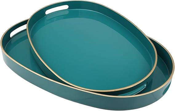 Green Oval Decorative Tray with Handles, Set of 2 Versatile Serving Trays for Coffee Table, Ottom... | Amazon (US)