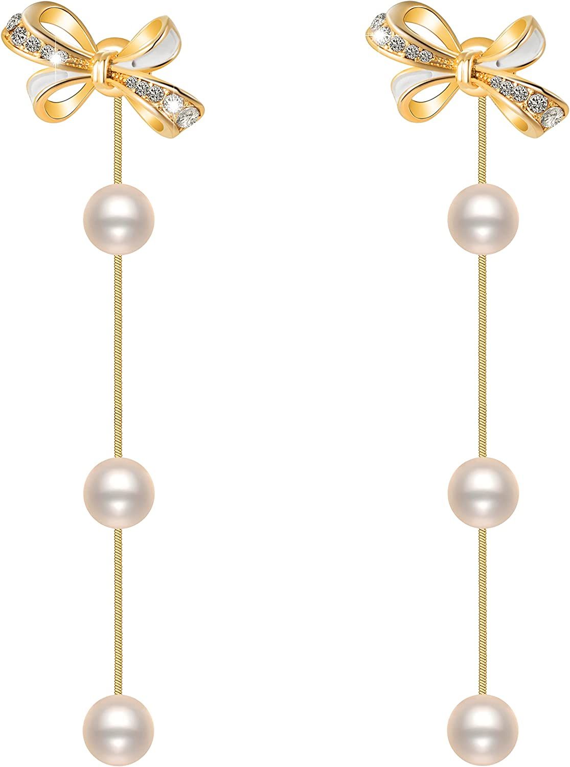 Long Pearl Drop Earrings for Women 14K Gold Plated Pearl Chain Earrings Hypoallergenic Gold Dangl... | Amazon (US)