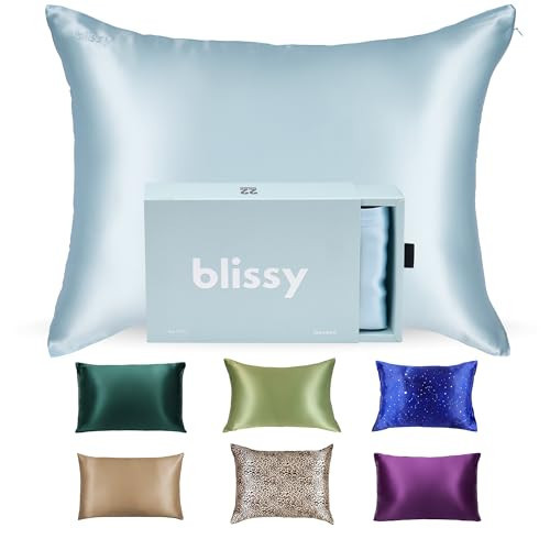 Blissy Silk Pillowcase - 100% Pure Mulberry Silk - 22 Momme 6A High-Grade Fibers - Silk Pillow Cover for Hair & Skin - Regular, Queen & King (Sky Blue, Queen) | Amazon (US)