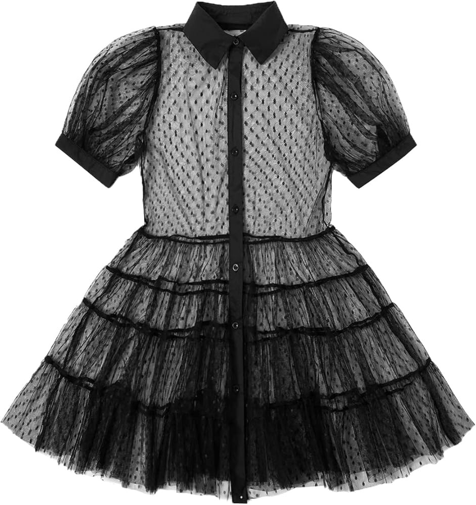 Floerns Women's Polka Dots Ruffle Hem Button Down Puff Sleeve Sheer Mesh Dress | Amazon (US)