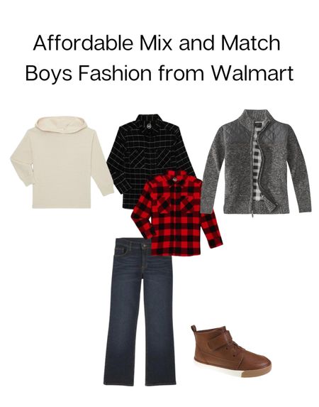 Mix and match all these affordable fashion items for boys from @Walmartfashion for the holidays.  #walmartpartner  A nice pair of jeans and some causal yet feel like sneakers shoes are the perfect base layer, then mix and match shirts and that sweater jacket to create several different looks.   Affordable, comfy, and so handsome for the young fellow in your life.  #walmartfashion #kidsfashion #holidayfashion #walmartkidsfashion
