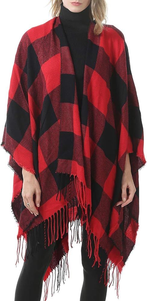 Zando Women's Warm Shawl Wrap Open Front Poncho Cape Color Block Shawls Winter Cardigan Wrap Prin... | Amazon (US)