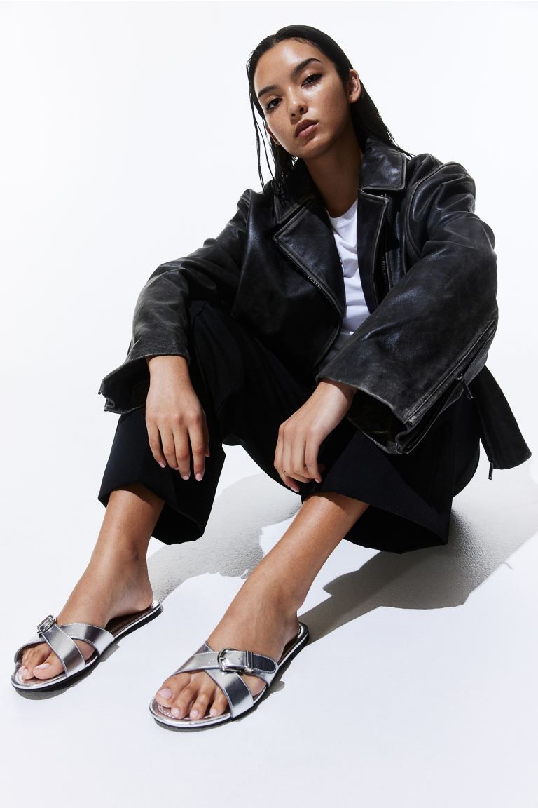 Buckle-detail Sandals - No heel - Silver-colored - Ladies | H&M US | H&M (US + CA)