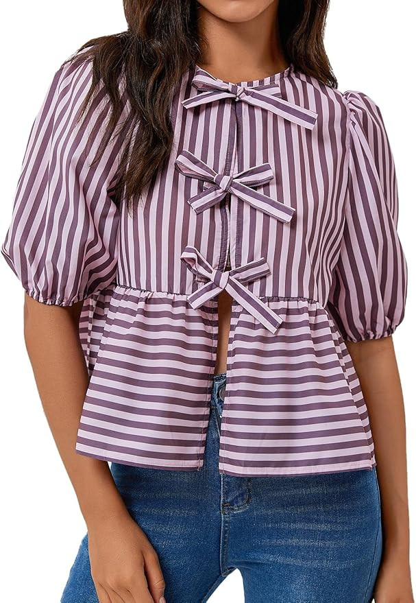Tankaneo Womens Tie Front Tops Summer Peplum Babydoll Puff Short Sleeve Blouse Cute Cotton Shirts | Amazon (US)