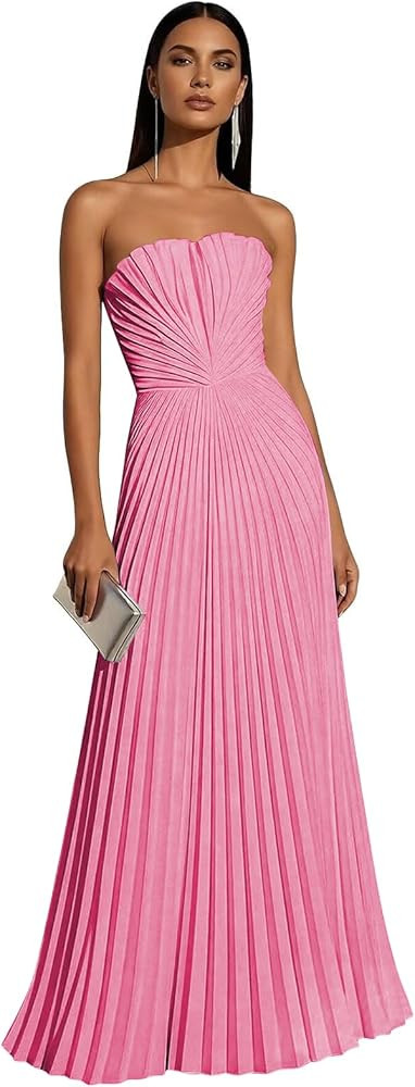 Strapless Pleated Prom Dresses Chiffon A Line Long Formal Wedding Guest Dress for Women 2026 | Amazon (US)