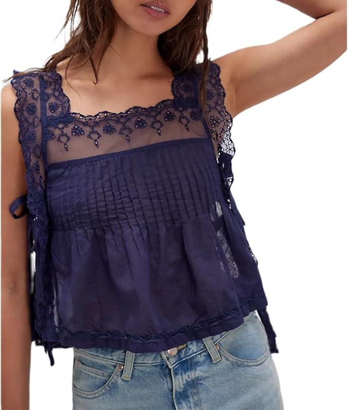 Embroidery Flower Tank Tops for Women Y2K Sleeveless Square Neck Tie Up Cropped Vest Summer Chic ... | Amazon (US)