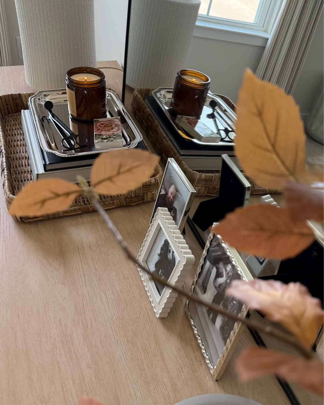 Home office, silver tray, candle tray, wick trimmer, fall stems, matchbox, white lamp

#LTKSeasonal #LTKHome #LTKSaleAlert