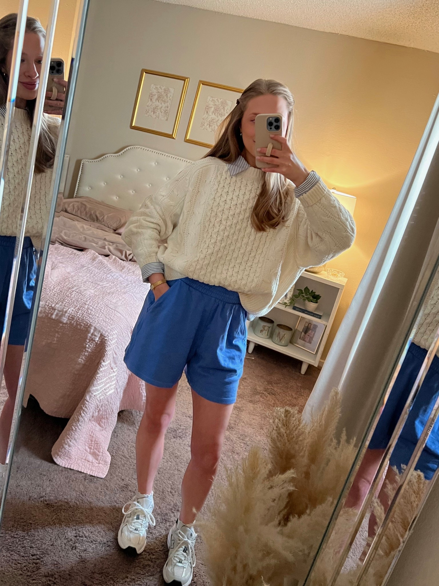 Wearing size S in my Old Navy shorts - on sale for $12! (Looks like my blue color is out of stock rn, but they come in 8 other colors!)
Cable knit sweater sold out from Target (linked similar) 
New Balance 530’s - I go up half size
White ruffle socks from Pacsun (Amazon has them too)
Kitsch small hair clips
Target small gold hoop earrings 
Amazon gold watch

#LTKShoeCrush #LTKStyleTip #LTKFindsUnder50