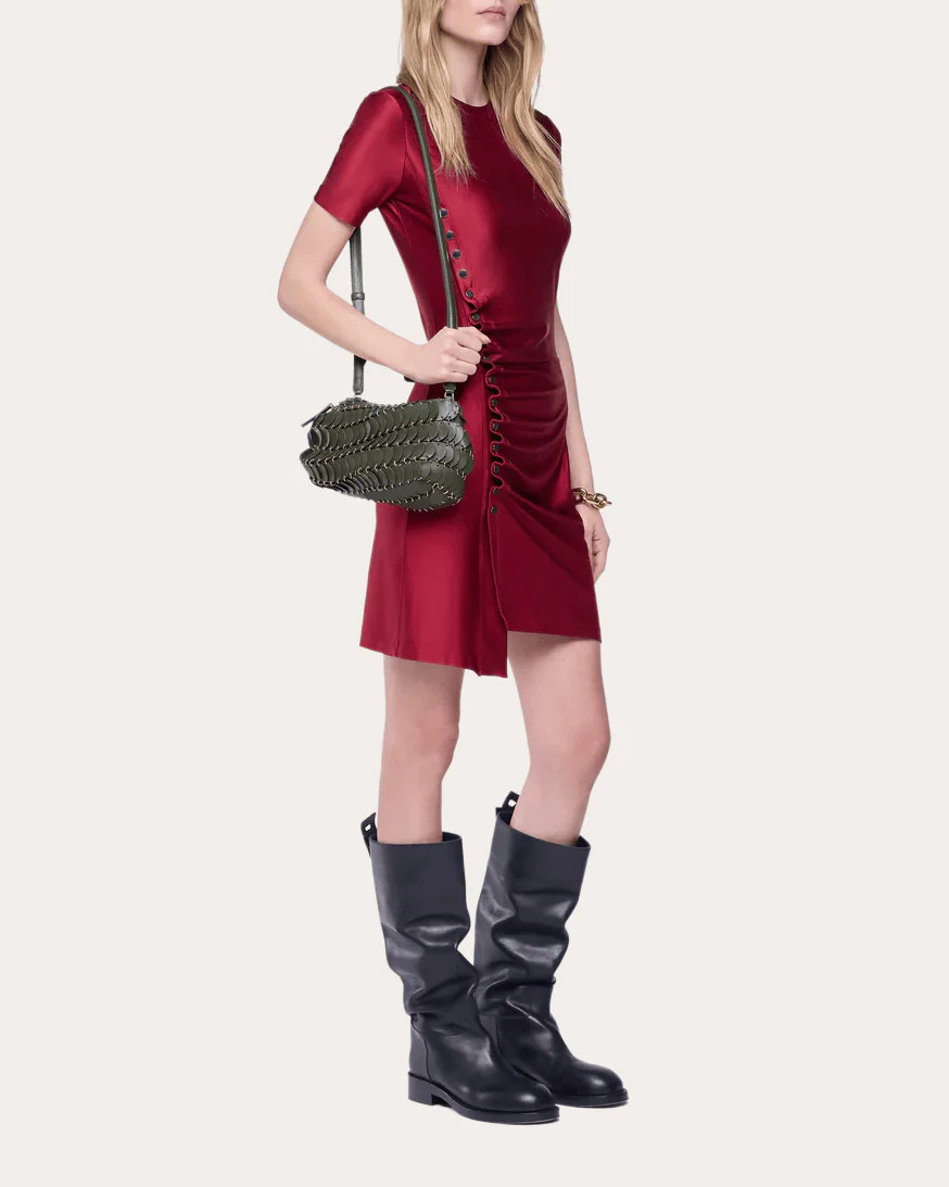Rabanne Women's Jersey Asymmetric Ruched Mini Dress in Ruby Red Viscose/Elastane | Olivela