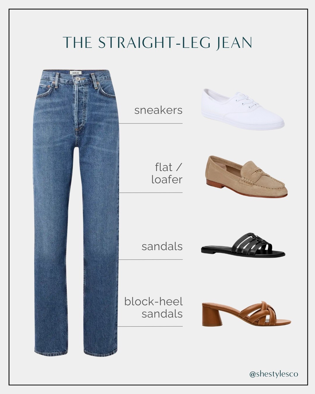 PAIRING GUIDE! Spring Edition - Bottoms & Shoes ☀️

Straight-Leg Jean: Try sneakers, flat / loafer, sandals, or block-heel sandals